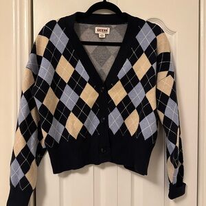 Guess - blue checkered v-neck cardigan - size M